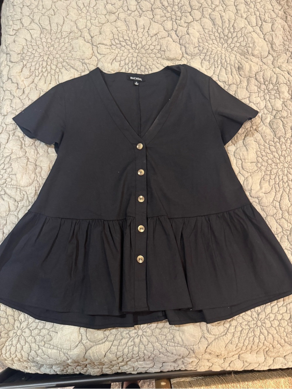 Rachel Black Short Sleeve Peplum Button Front Top